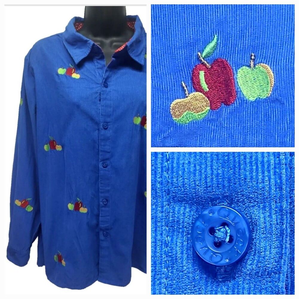 Quacker Factory‎ Blue Corduroy Button Up Shirt L Emroidered Beaded Apples Cotton